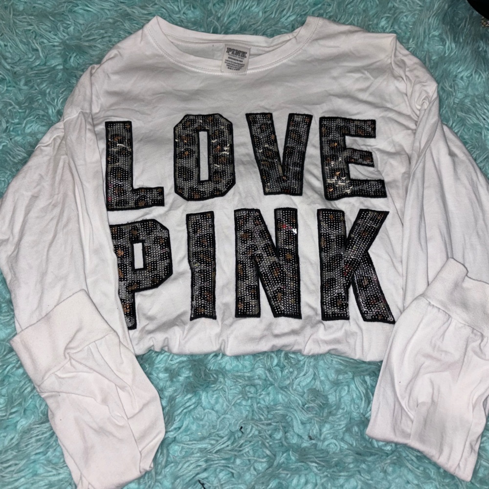 PINK Victoria Secret CHEETAH White Long Sleeve Shirt with Sequin Lettering